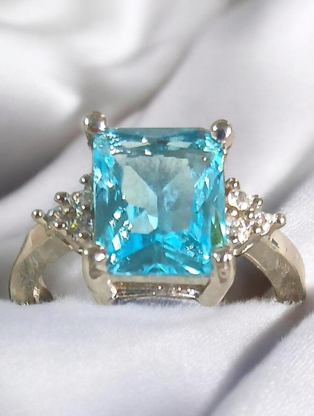 Sterling Silver Blue Topaz Square Halo With CZ Accent